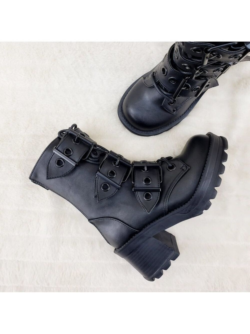 Bratty Goth 3 Big Buckle Strap Block Heel Combat Ankle Boots Punk Rock - Picture 11 of 15